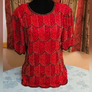 Vintage Scala Red Beaded Women's Top